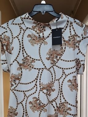 White & Brown Patterned Short Sleeve Women's Top